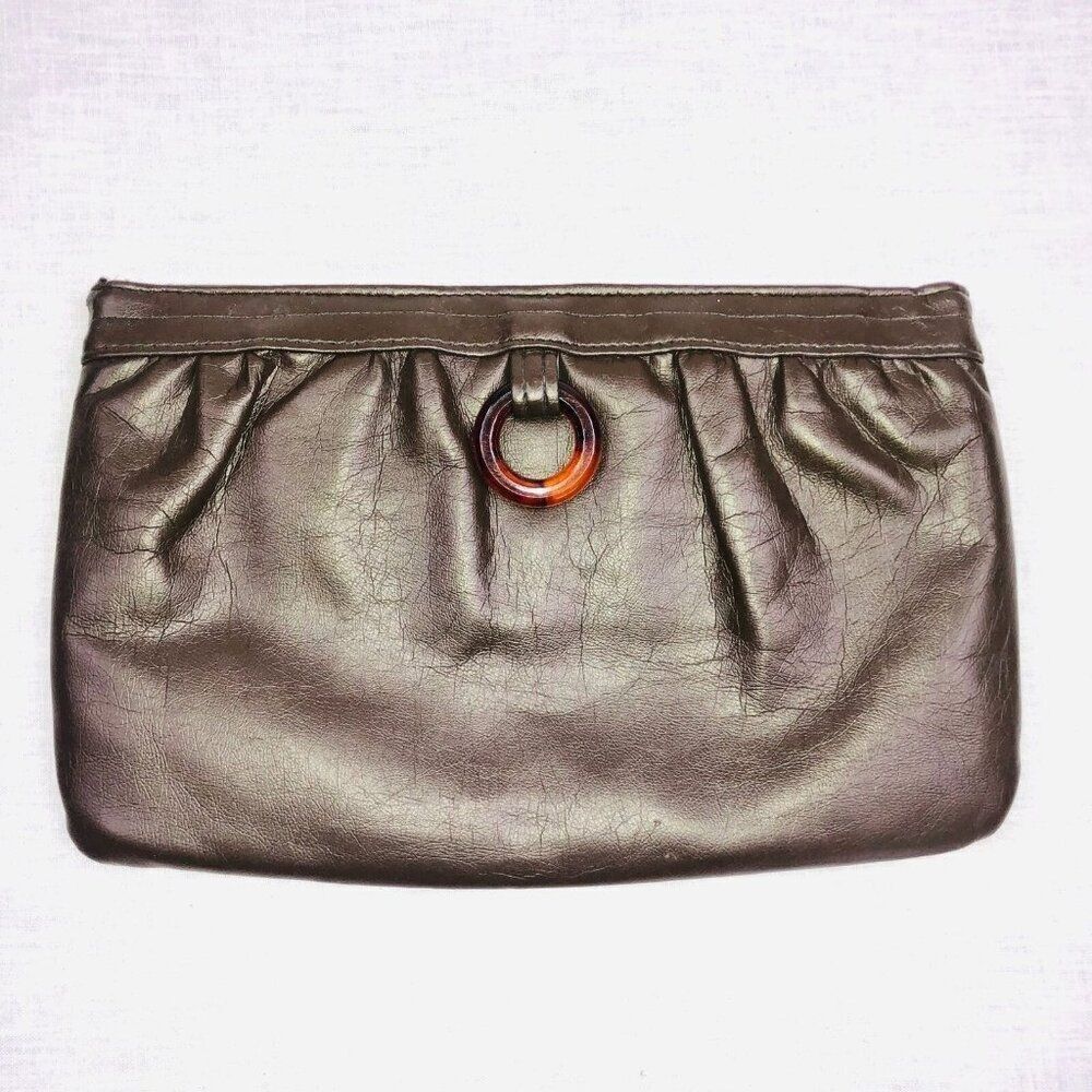 Vintage 60s JR Florida Womens Pocketbook Brown Leather Clutch Purse Bakelite